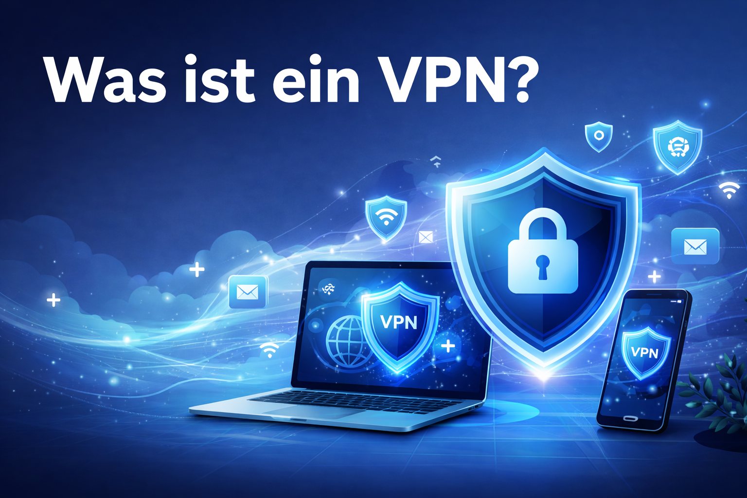 Illustration zu VPN-Datenschutz: verschlüsselte Internetverbindung mit Schutzschild, Laptop und Smartphone.